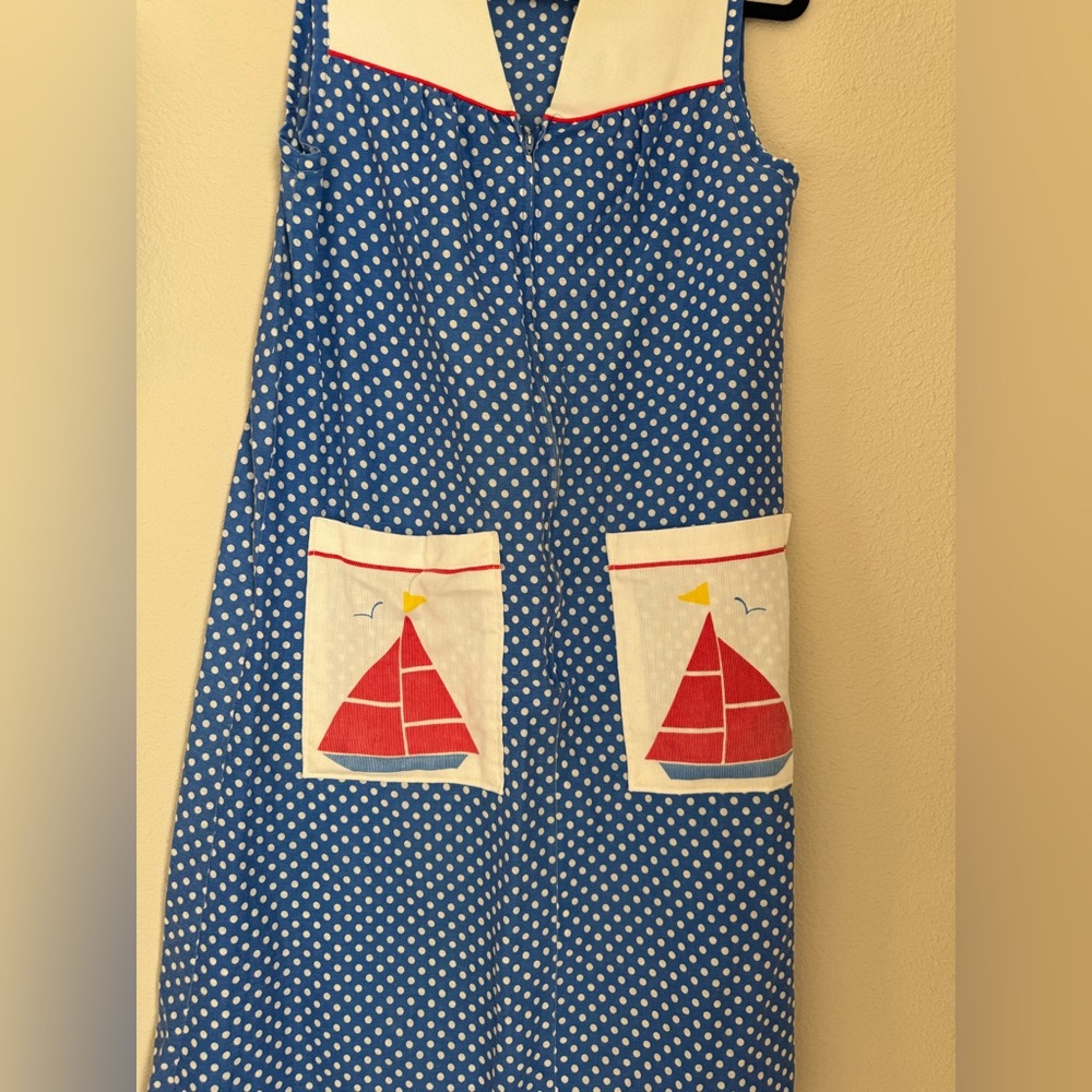Vintage KOMAR Blue Polka Dot Sailboat Zip Nightgown Dress - Picture 2 of 4